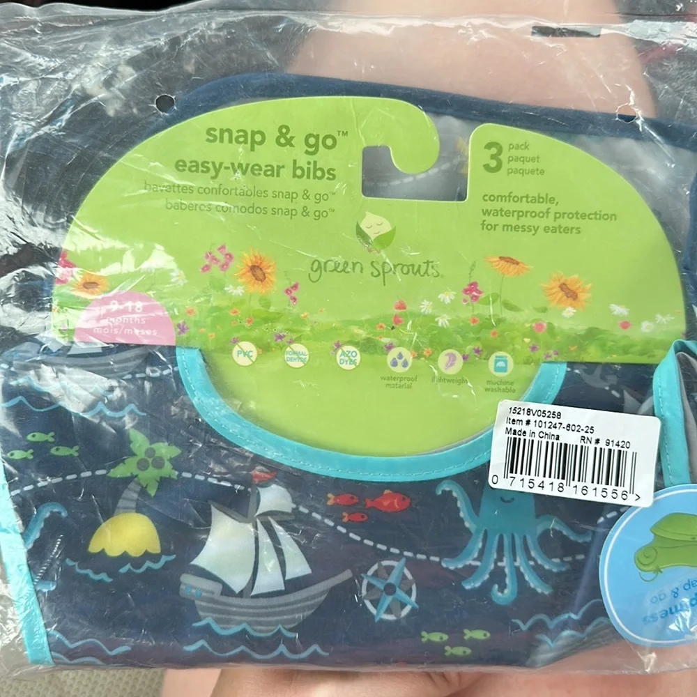 NWT GREEN SPROUTS SNAP & GO EASY-WEAR BIB 3-PACK SET, AQUA PIRATE